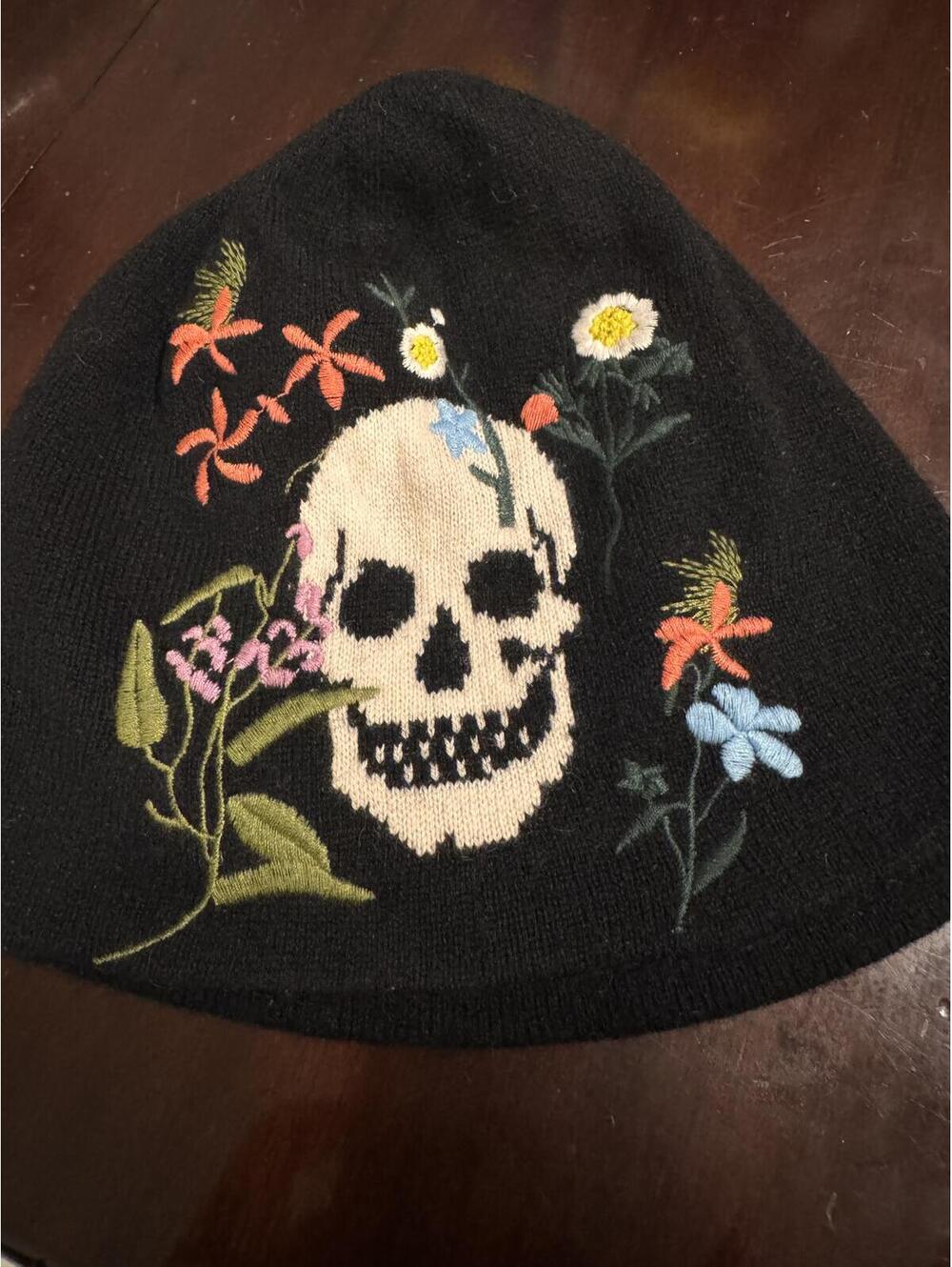 Women’s Floral Embroidered Skull Cashmere Wool Beanie